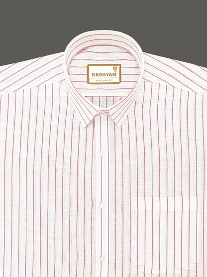 Arezzo Italian Premium Linen Reddish Line On White Formal Shirt For Men