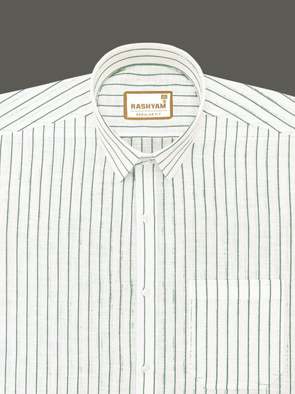 Arezzo Italian Premium Linen Dark Green Line On White Formal Shirt For Men