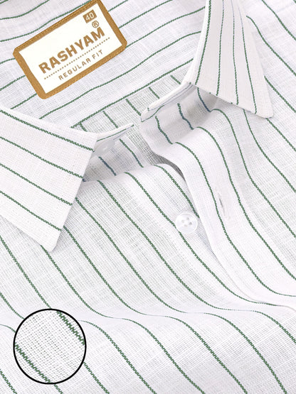 Arezzo Italian Premium Linen Dark Green Line On White Formal Shirt For Men