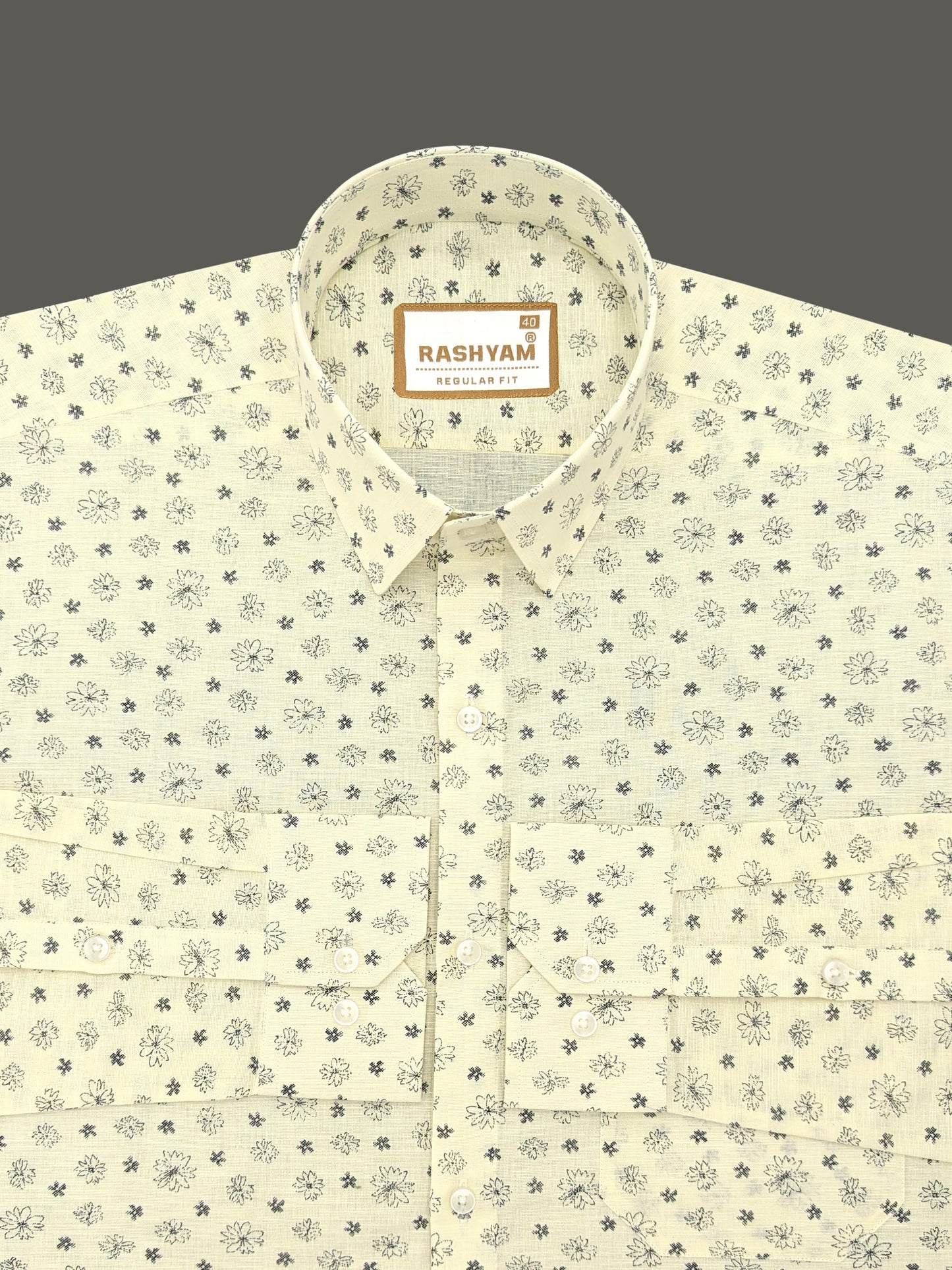 Luxurious Italian Linen Cotton Creamy Yellow With Flower Printed Shirt