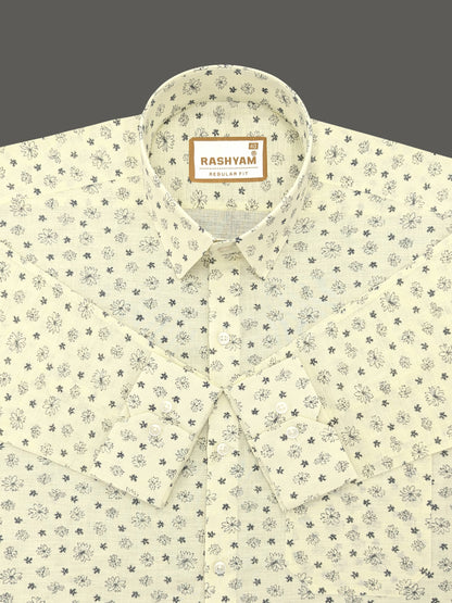 Luxurious Italian Linen Cotton Creamy Yellow With Flower Printed Shirt