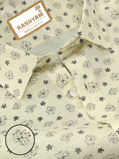 Luxurious Italian Linen Cotton Creamy Yellow With Flower Printed Shirt