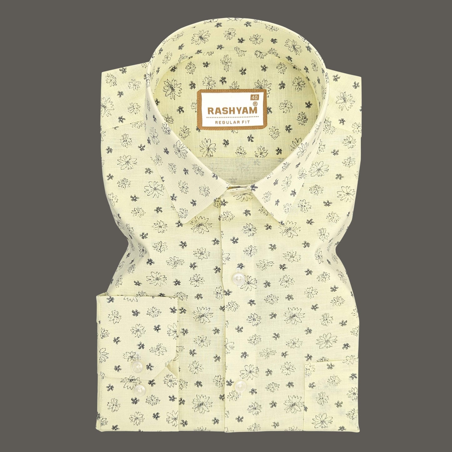 Luxurious Italian Linen Cotton Creamy Yellow With Flower Printed Shirt