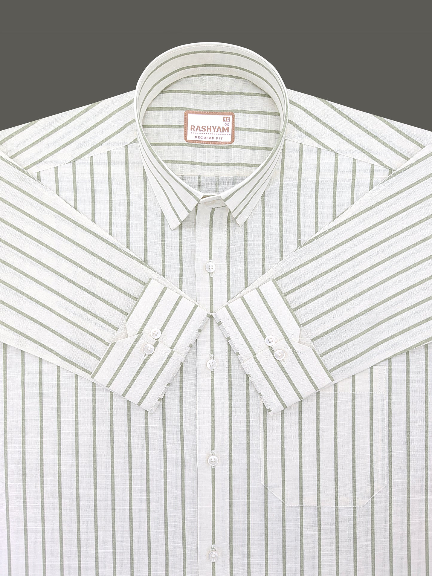 Italian Premium Linen Green Line On Cream Formal Shirt For Men
