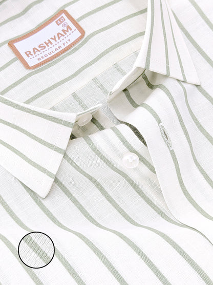 Italian Premium Linen Green Line On Cream Formal Shirt For Men