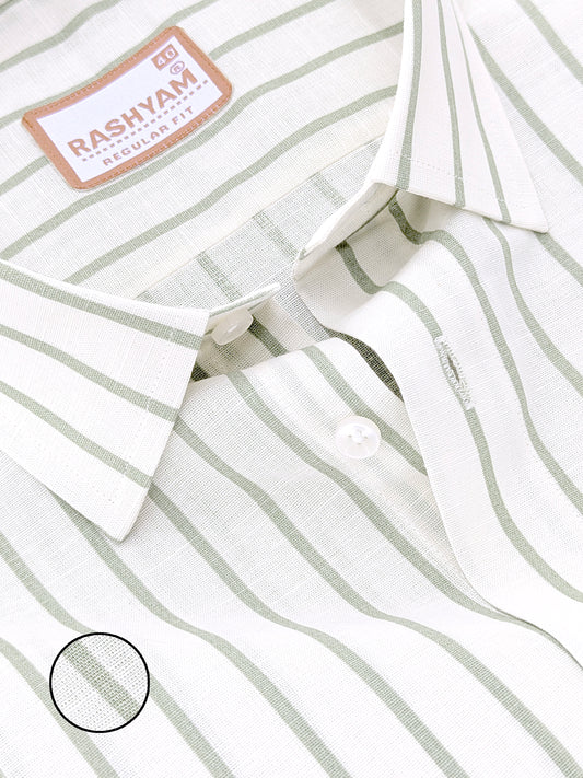 Italian Premium Linen Green Line On Cream Formal Shirt For Men
