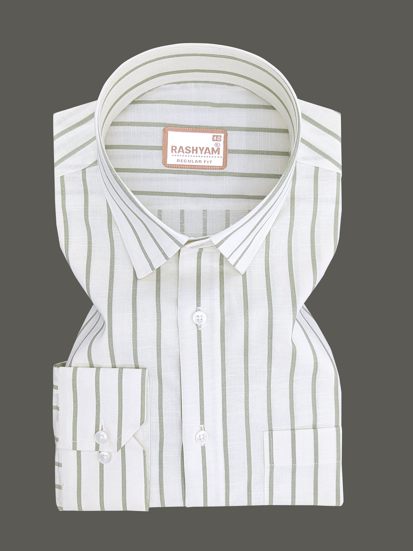 Italian Premium Linen Green Line On Cream Formal Shirt For Men