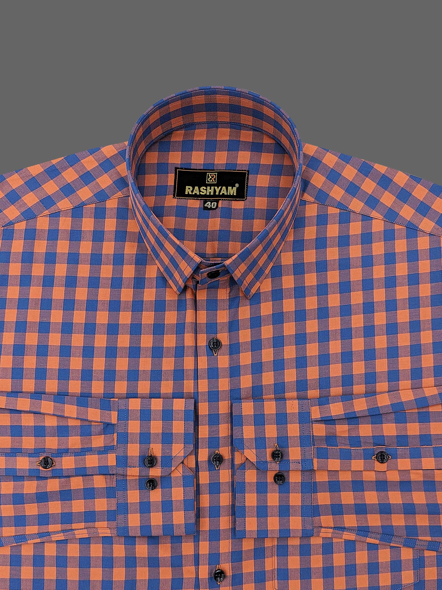 Cascia Lapish Blue with Orange Checks Luxurious Giza Cotton Shirt