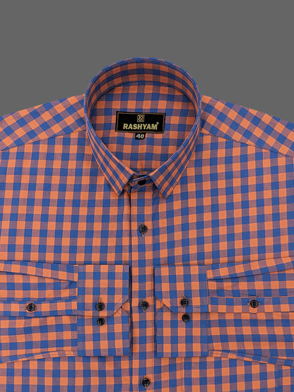 Cascia Lapish Blue with Orange Checks Luxurious Giza Cotton Shirt