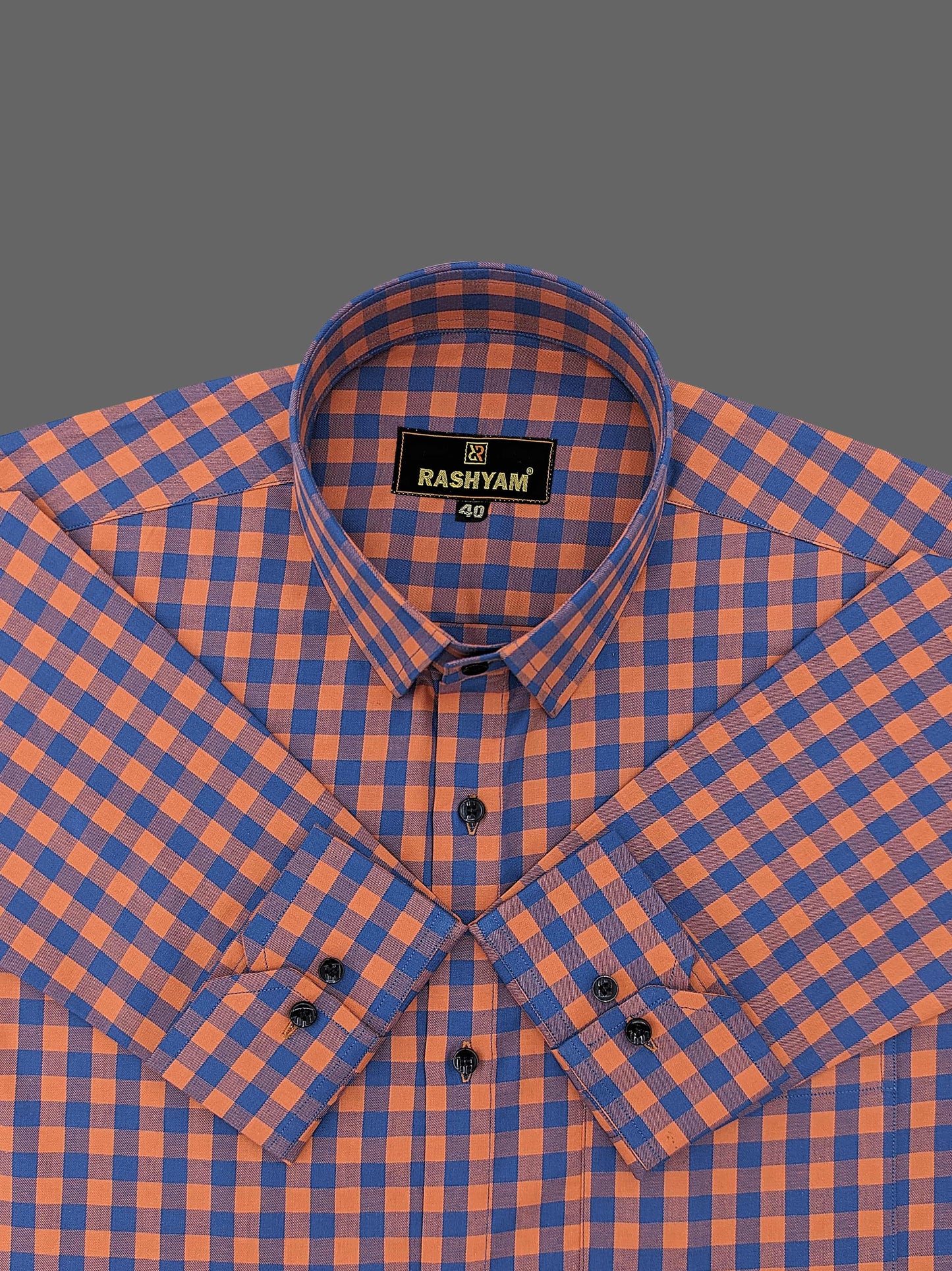 Cascia Lapish Blue with Orange Checks Luxurious Giza Cotton Shirt