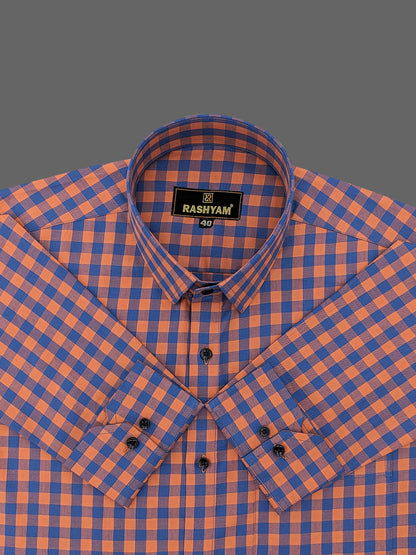 Cascia Lapish Blue with Orange Checks Luxurious Giza Cotton Shirt