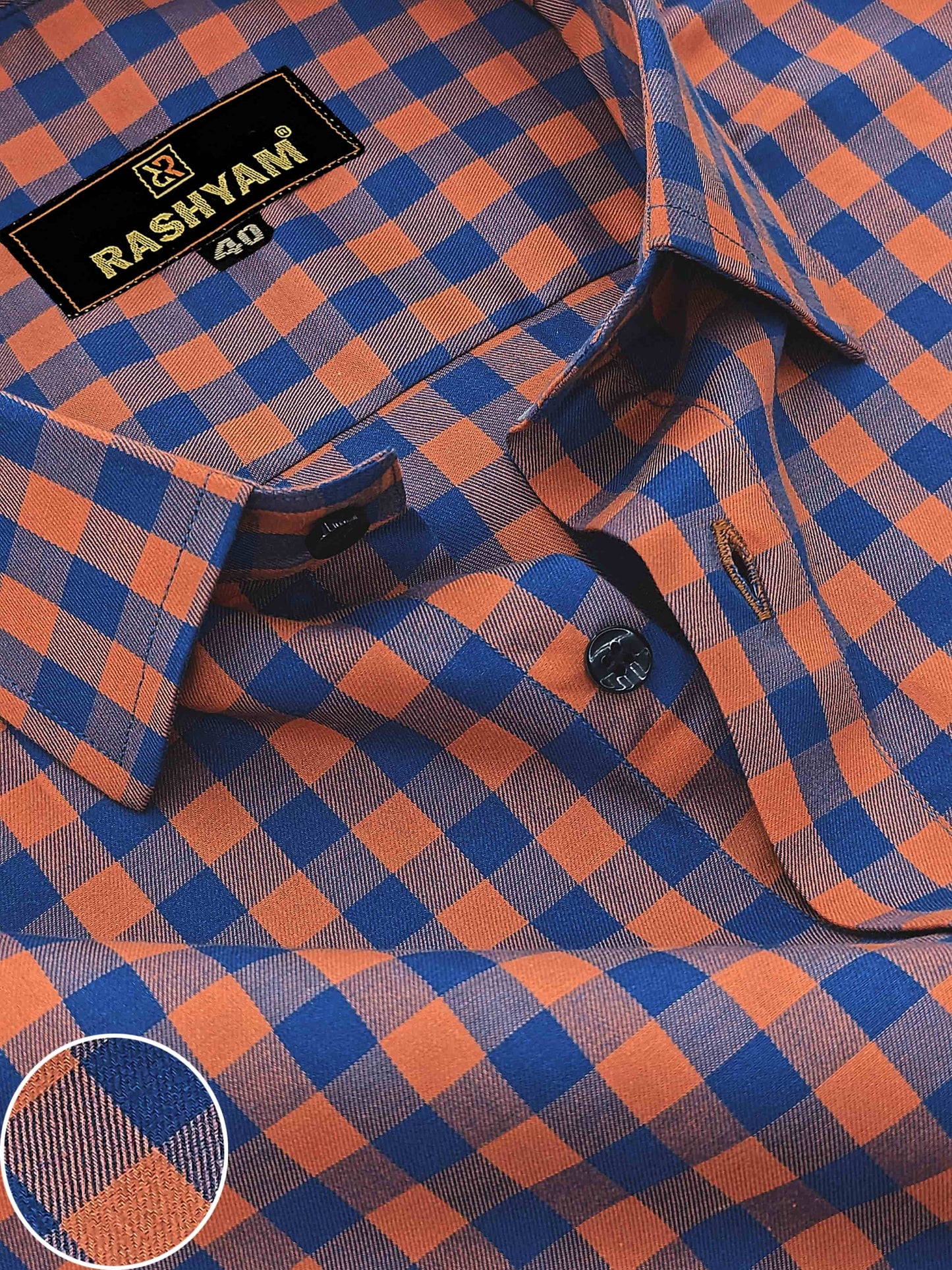 Cascia Lapish Blue with Orange Checks Luxurious Giza Cotton Shirt