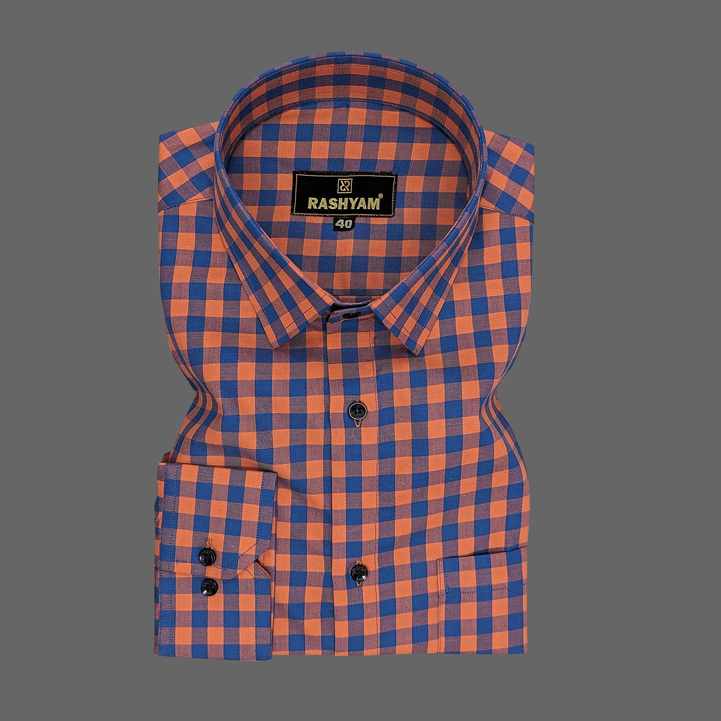 Cascia Lapish Blue with Orange Checks Luxurious Giza Cotton Shirt