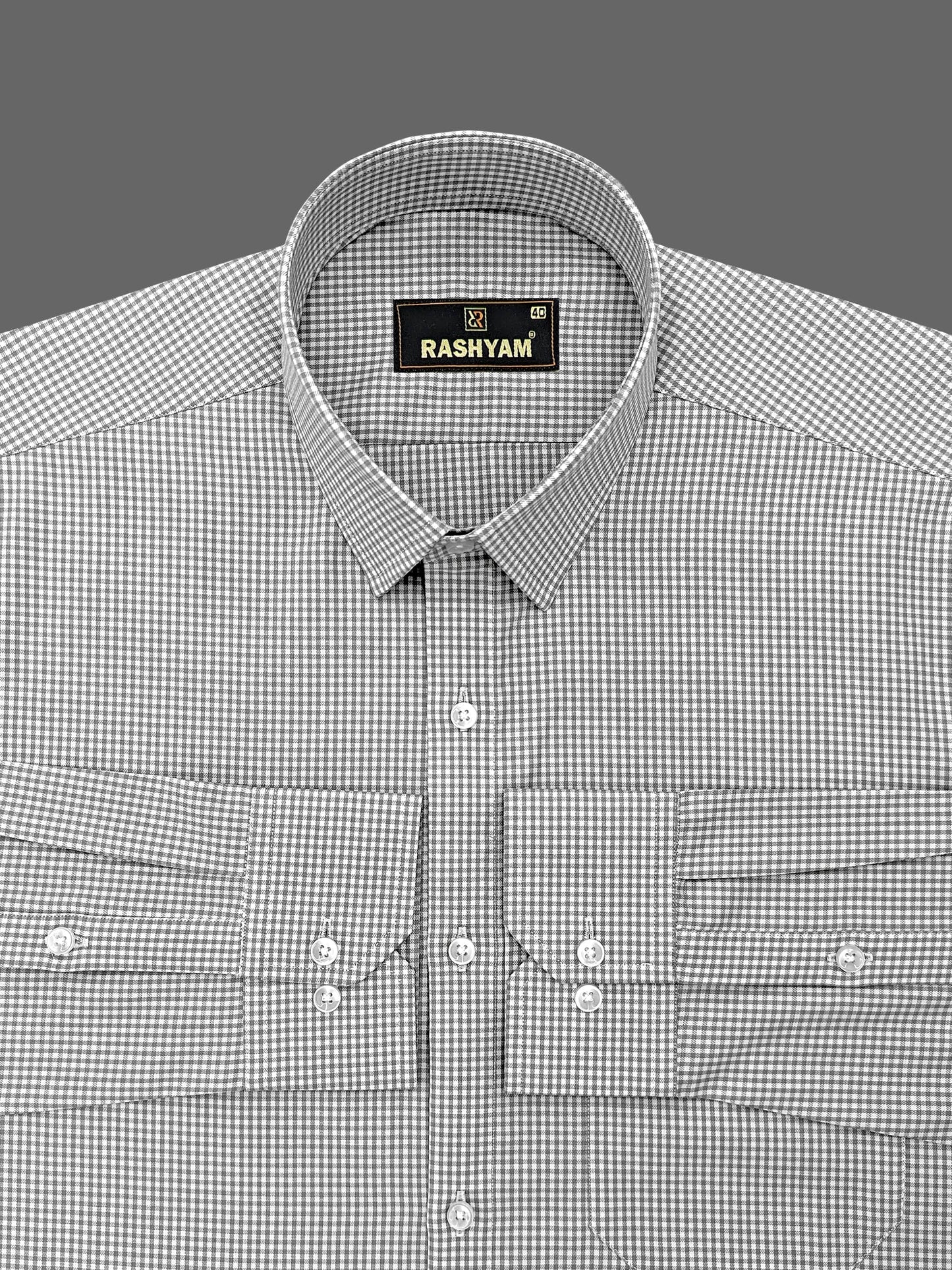 Vernazza Grey Gingham Checked Formal Cotton Shirt for men