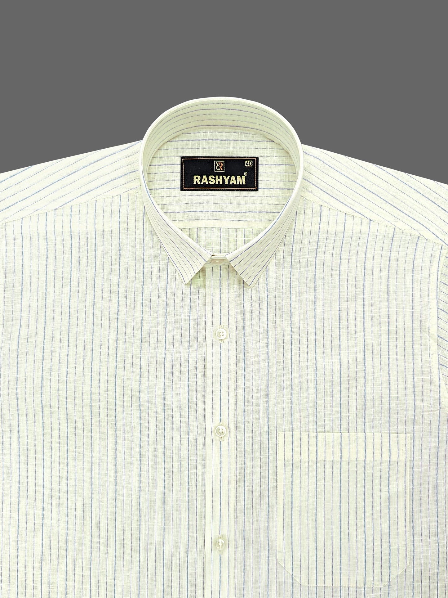 Light Lemon Yellow With Blue Line Luxurious Italian Linen Cotton Shirt