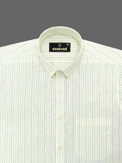 Light Lemon Yellow With Blue Line Luxurious Italian Linen Cotton Shirt