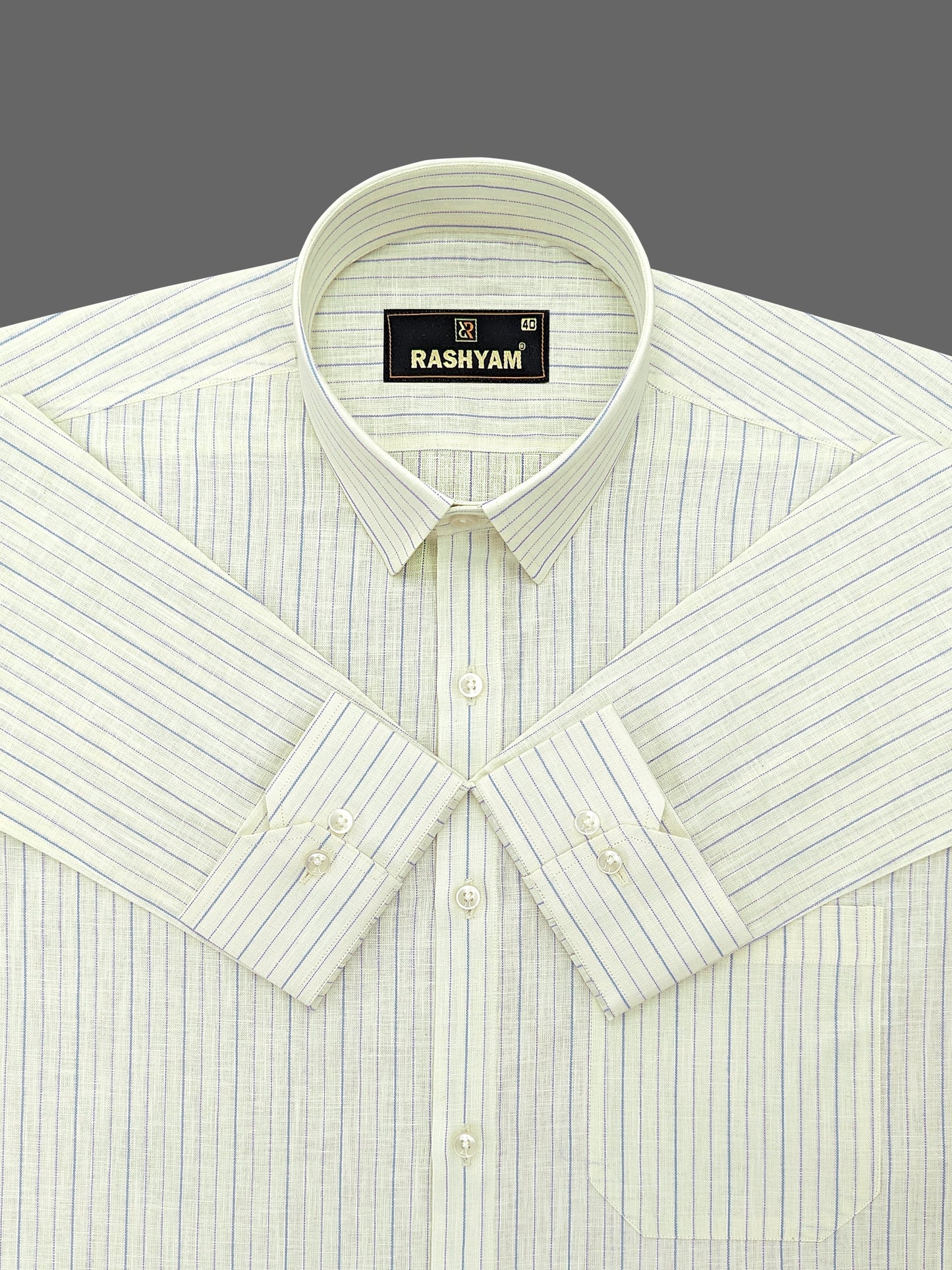 Light Lemon Yellow With Blue Line Luxurious Italian Linen Cotton Shirt