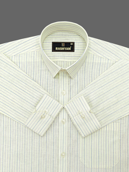 Light Lemon Yellow With Blue Line Luxurious Italian Linen Cotton Shirt