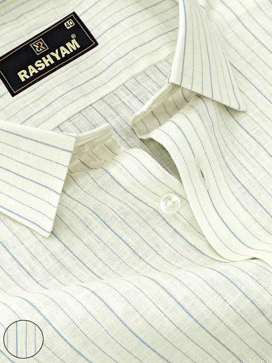 Light Lemon Yellow With Blue Line Luxurious Italian Linen Cotton Shirt