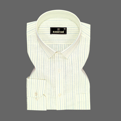 Light Lemon Yellow With Blue Line Luxurious Italian Linen Cotton Shirt