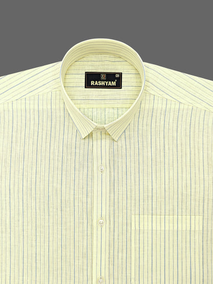 Luxurious Lemon Yellow With Blue Lining Italian Linen Cotton  Shirt