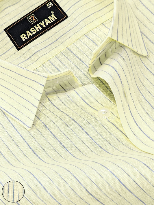 Luxurious Lemon Yellow With Blue Lining Italian Linen Cotton  Shirt