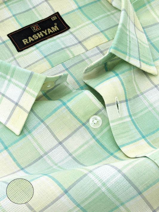 Pixie Green With Cream Checks Italian Linen Shirt For Men