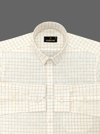 Cream White With Checks Luxurious Italian Linen Cotton Shirt