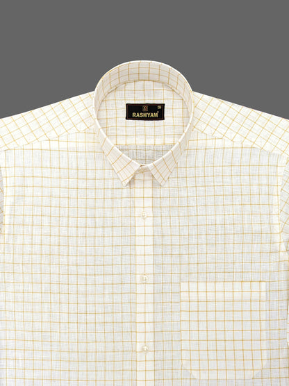 Cream White With Checks Luxurious Italian Linen Cotton Shirt