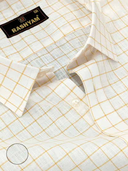 Cream White With Checks Luxurious Italian Linen Cotton Shirt