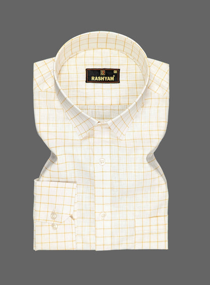 Cream White With Checks Luxurious Italian Linen Cotton Shirt