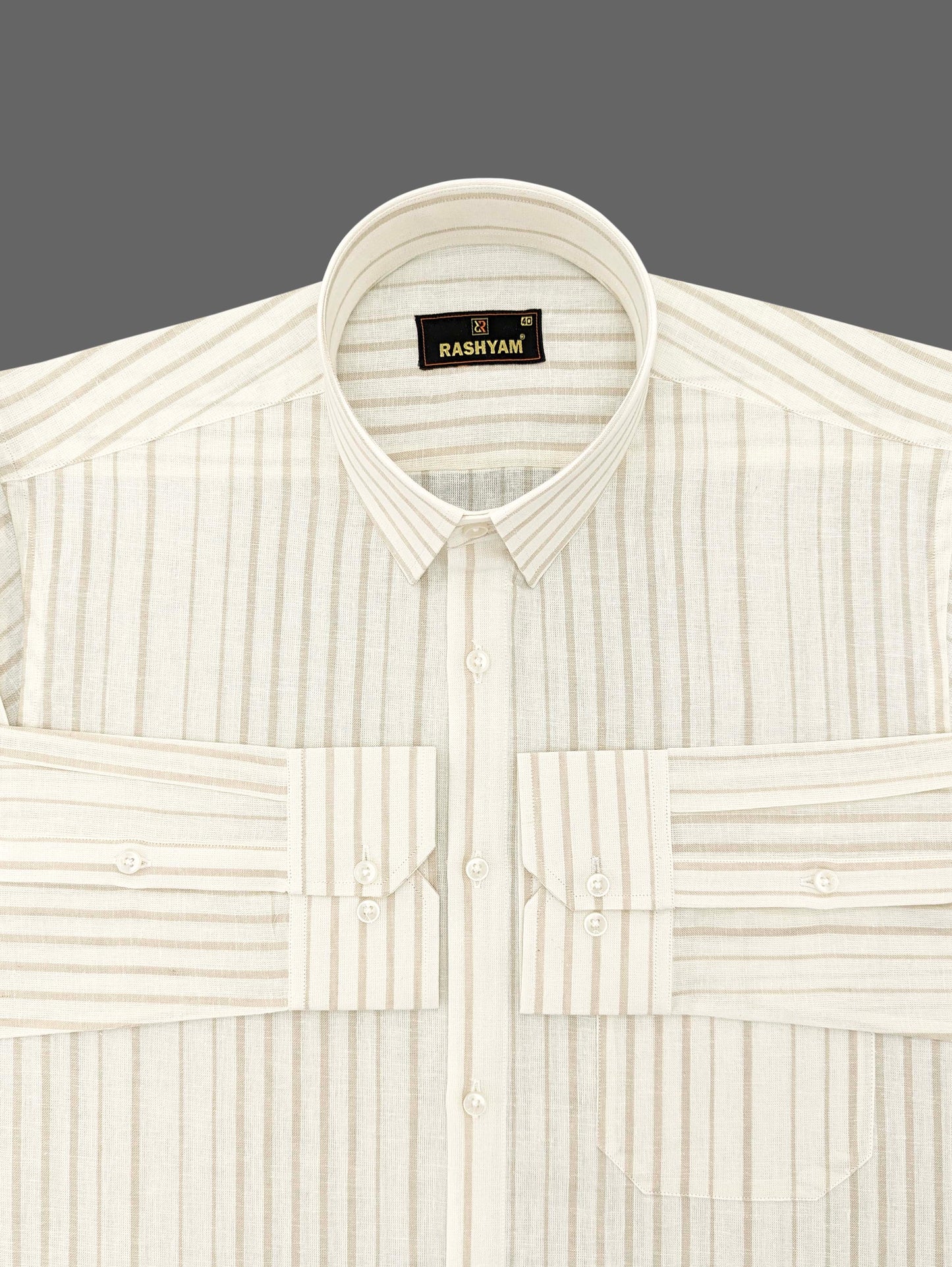 Creamy White With Almond Line Luxurious Italian Linen Cotton Shirt