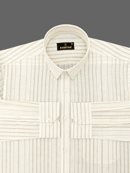 Creamy White With Almond Line Luxurious Italian Linen Cotton Shirt