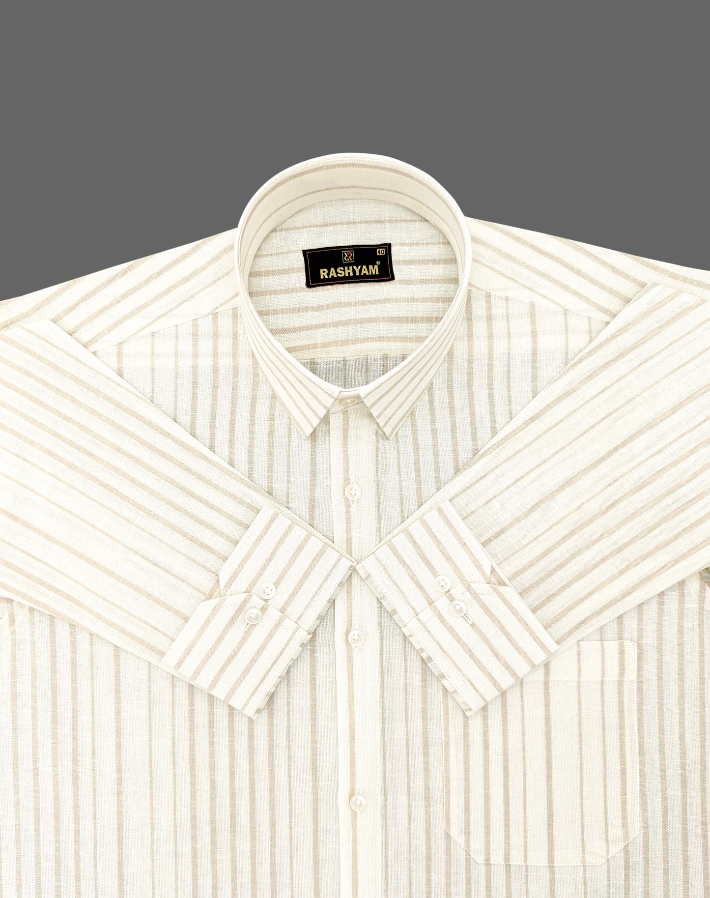 Creamy White With Almond Line Luxurious Italian Linen Cotton Shirt