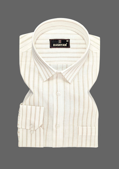 Creamy White With Almond Line Luxurious Italian Linen Cotton Shirt