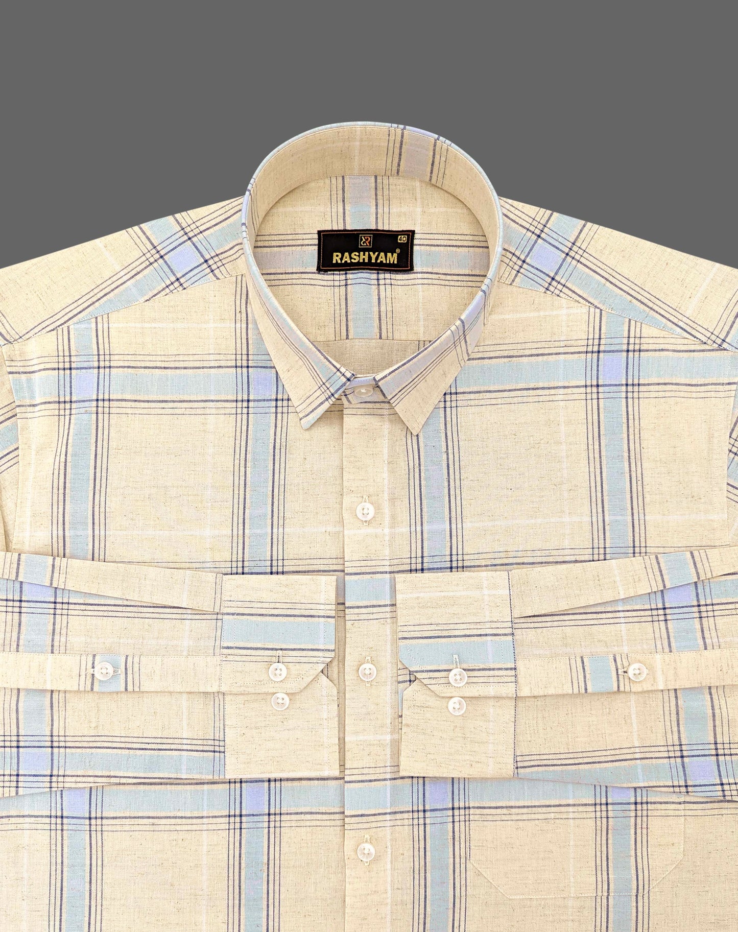 Cream And Light Blue Checks Luxurious Italian Linen Cotton Shirt