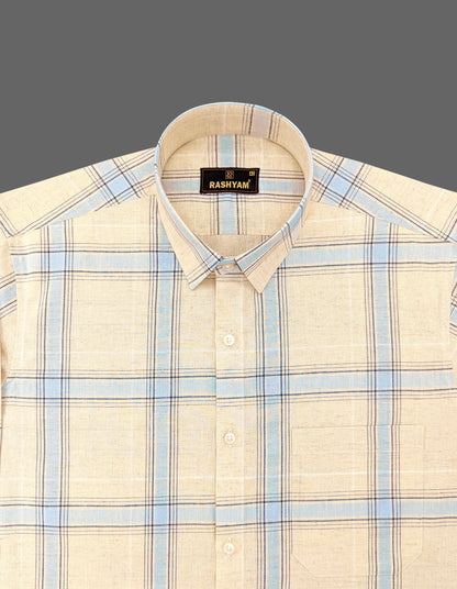 Cream And Light Blue Checks Luxurious Italian Linen Cotton Shirt