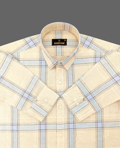 Cream And Light Blue Checks Luxurious Italian Linen Cotton Shirt