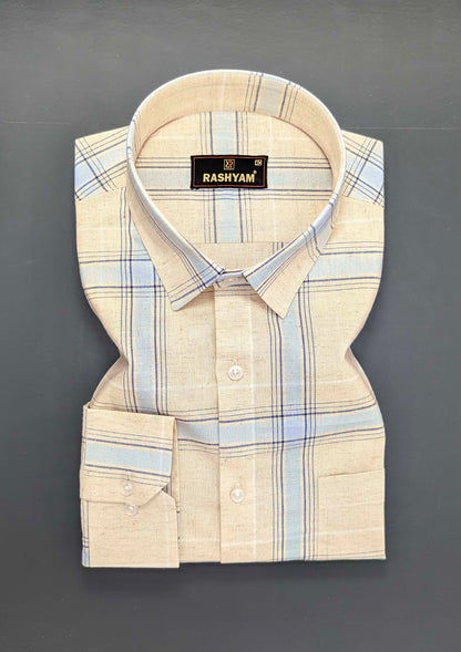 Cream And Light Blue Checks Luxurious Italian Linen Cotton Shirt