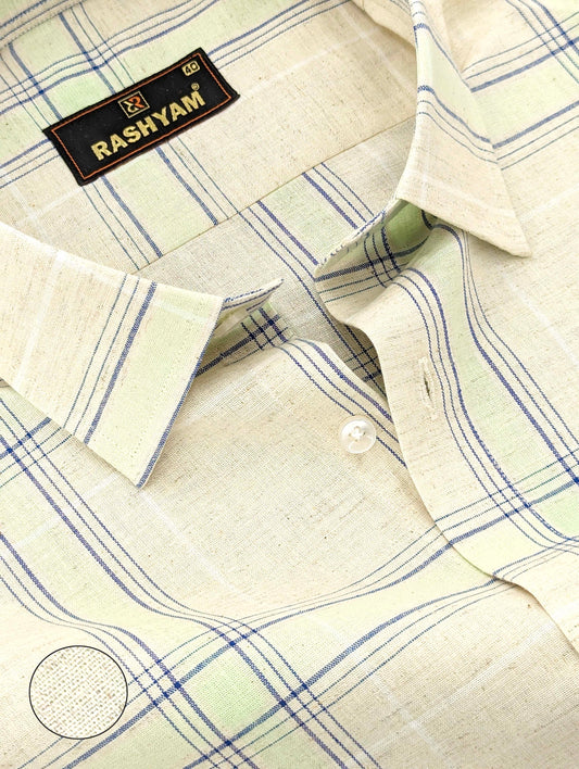 Cream And Green Checks Luxurious Italian Linen Cotton Shirt