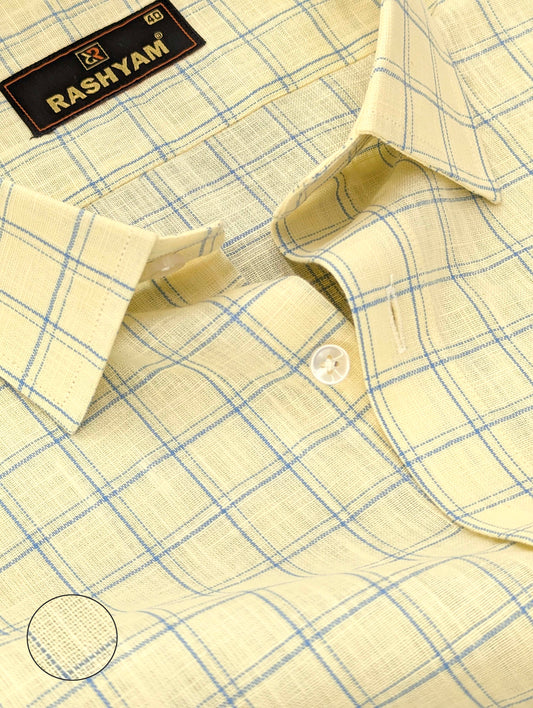 Luxurious Italian Linen Cotton Lemon Yellow With Blue Double Checks Shirt