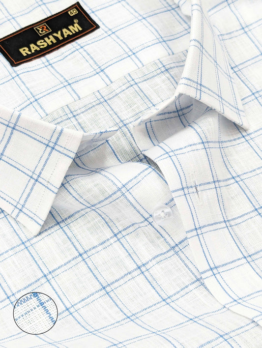 Luxurious Italian Linen Cotton Bright White With Blue Double Checks Shirt