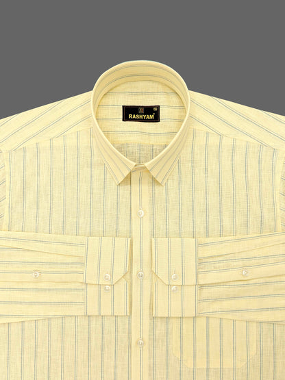 Luxurious Italian Linen Cotton Lemon Yellow With Blue Double Line Shirt