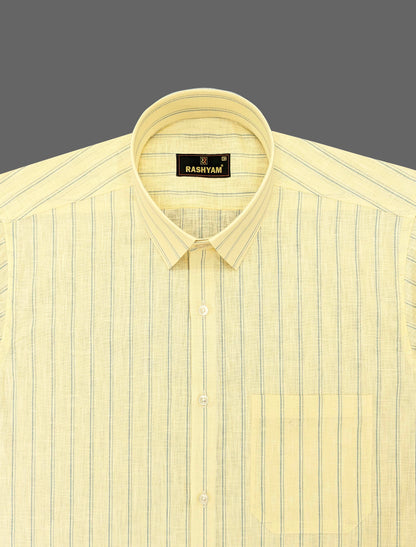 Luxurious Italian Linen Cotton Lemon Yellow With Blue Double Line Shirt