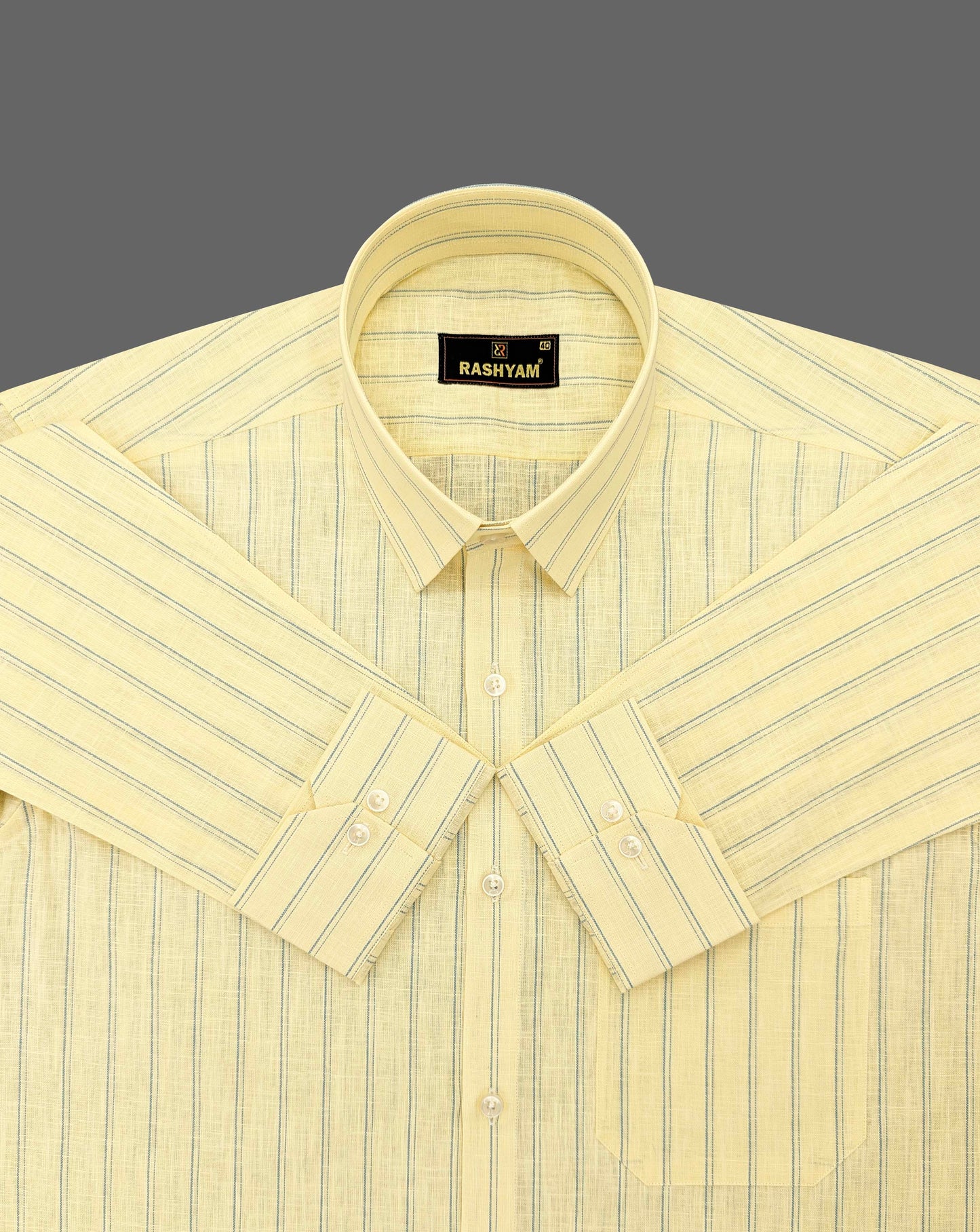 Luxurious Italian Linen Cotton Lemon Yellow With Blue Double Line Shirt