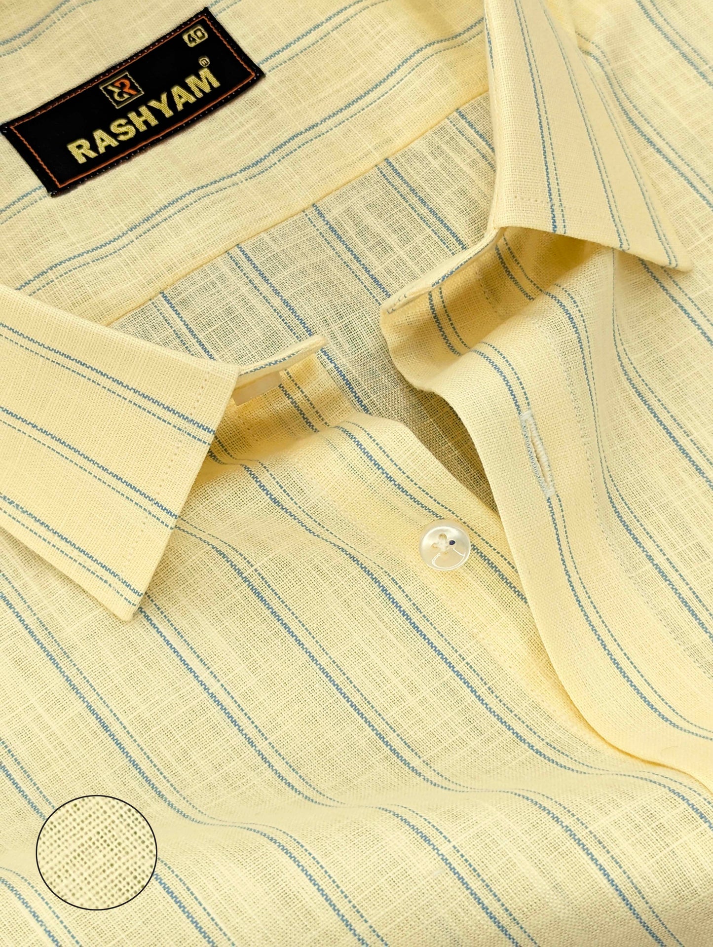 Luxurious Italian Linen Cotton Lemon Yellow With Blue Double Line Shirt