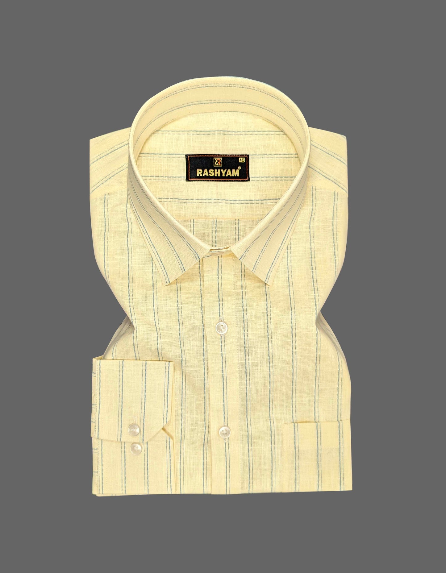 Luxurious Italian Linen Cotton Lemon Yellow With Blue Double Line Shirt