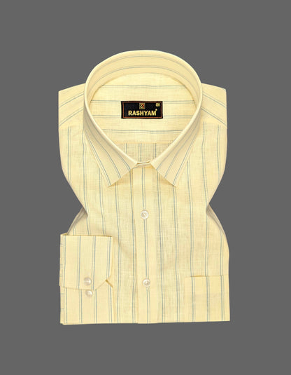 Luxurious Italian Linen Cotton Lemon Yellow With Blue Double Line Shirt