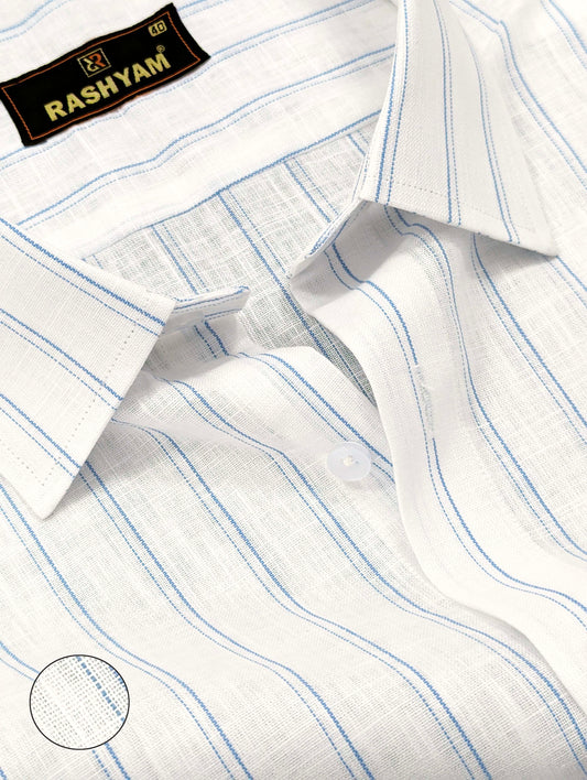 Luxurious Italian Linen Cotton Bright White With Blue double Line Shirt