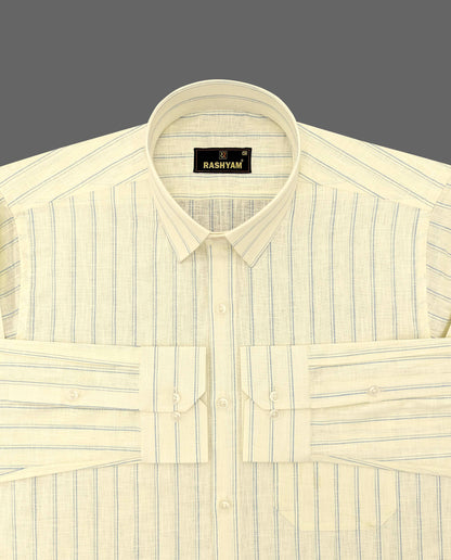 Luxurious Italian Linen Cotton Light Lemon Yellow With Blue double Line Shirt